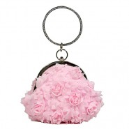 Evening Bag - Chiffon Rosettes w/ Rhinestone Ring Wristlet - Pink - BG-100187PN 